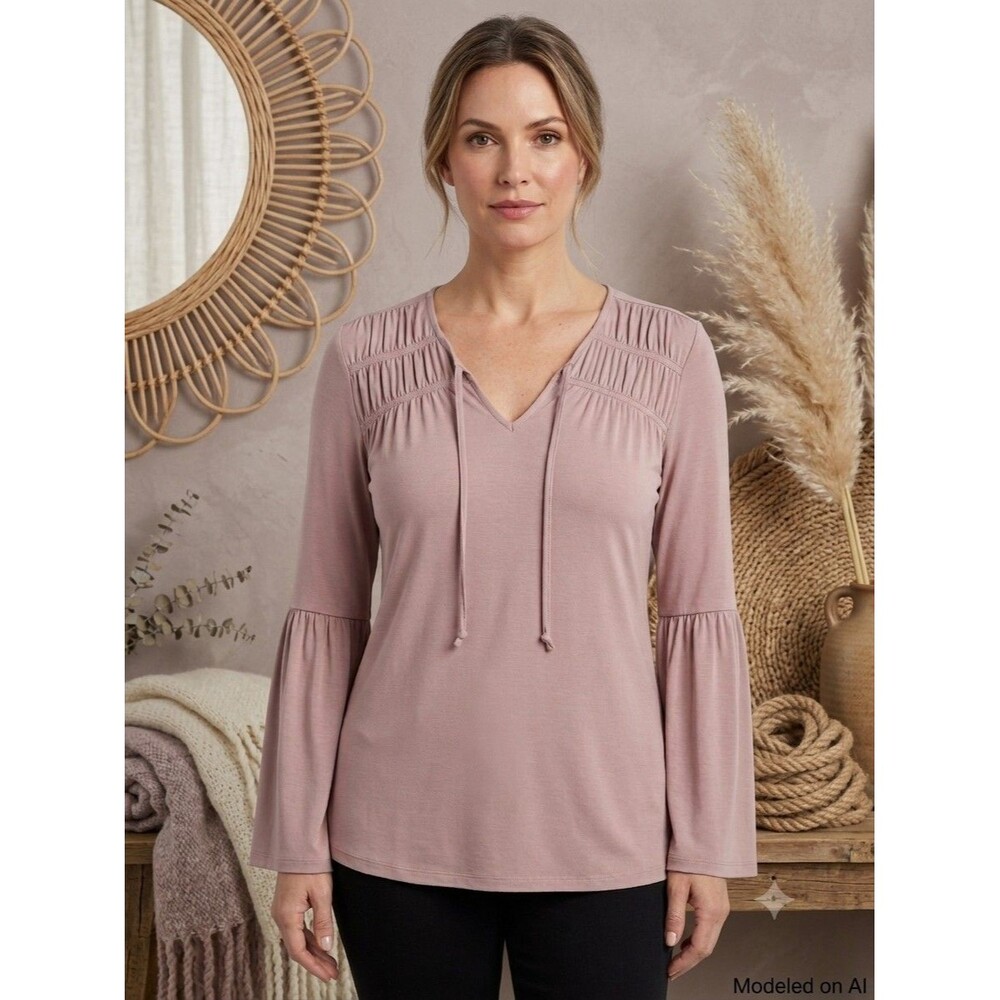 Pink Solid V-Neck Tie Bell Sleeve Knit Top Gypsy Boho Fairy Peasant Womens L